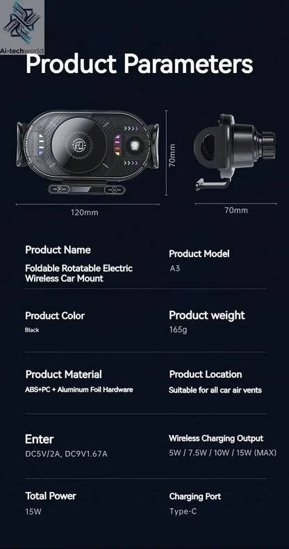 15W Universal Car Phone Wireless Charger Holder 90° Rotation Mount for Samsung Galaxy Fold 6 5 4 3 Z Flip S25 S24 Iphone 17 16 Ai-TechWorld 