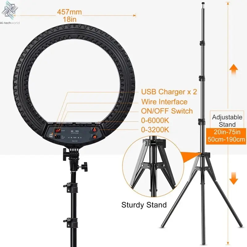18 inch Ring Light with Tripod Stand 55W 3000-5800K CRI 90 Photo Studio Light for Vlog Video Shooting Makeup Selfie Ring Light Ai-TechWorld 