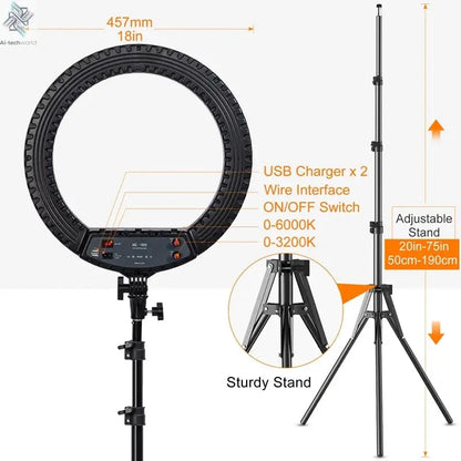 18 inch Ring Light with Tripod Stand 55W 3000-5800K CRI 90 Photo Studio Light for Vlog Video Shooting Makeup Selfie Ring Light Ai-TechWorld 