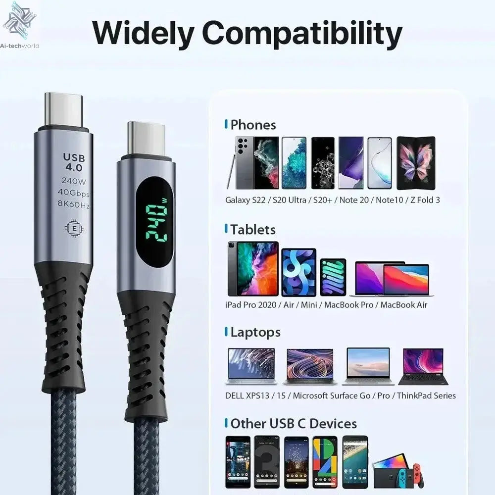 1M USB 4 Cable with LED Display Supports 8K Video 40Gbps 240W USB C Charging Cable For lPhone 15 MacBook Docking Stations Ai-TechWorld 