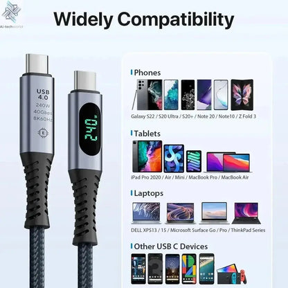 1M USB 4 Cable with LED Display Supports 8K Video 40Gbps 240W USB C Charging Cable For lPhone 15 MacBook Docking Stations Ai-TechWorld 