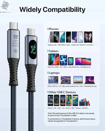 1M USB 4 Cable with LED Display Supports 8K Video 40Gbps 240W USB C Charging Cable For lPhone 15 MacBook Docking Stations Ai-TechWorld 
