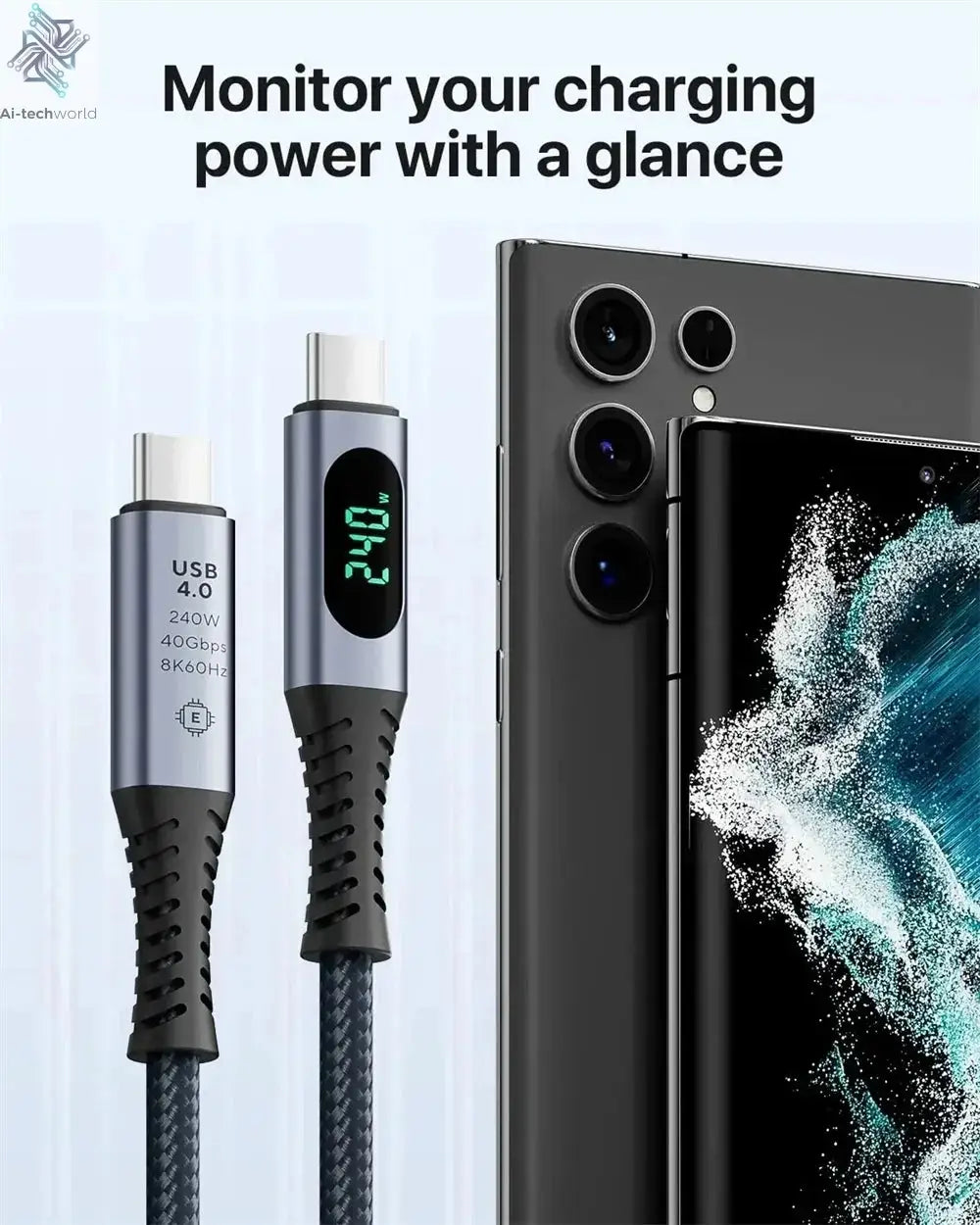 1M USB 4 Cable with LED Display Supports 8K Video 40Gbps 240W USB C Charging Cable For lPhone 15 MacBook Docking Stations Ai-TechWorld 