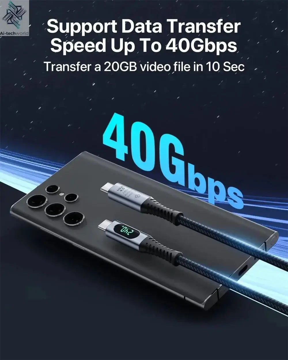 1M USB 4 Cable with LED Display Supports 8K Video 40Gbps 240W USB C Charging Cable For lPhone 15 MacBook Docking Stations Ai-TechWorld 