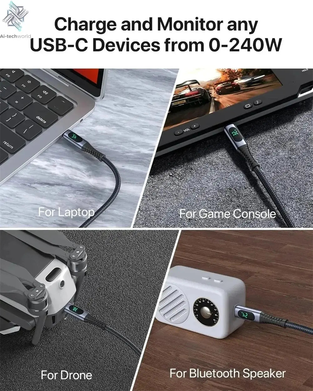 1M USB 4 Cable with LED Display Supports 8K Video 40Gbps 240W USB C Charging Cable For lPhone 15 MacBook Docking Stations Ai-TechWorld 