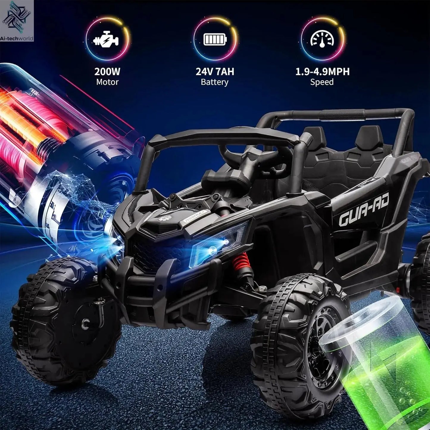 2 Seater Ride On Car, 24V Kids Ride On UTV Car w/Remote Control, 2×200W Motor Electric Vehicle LED Lights Off-Road Toy for Kids Ai-TechWorld 
