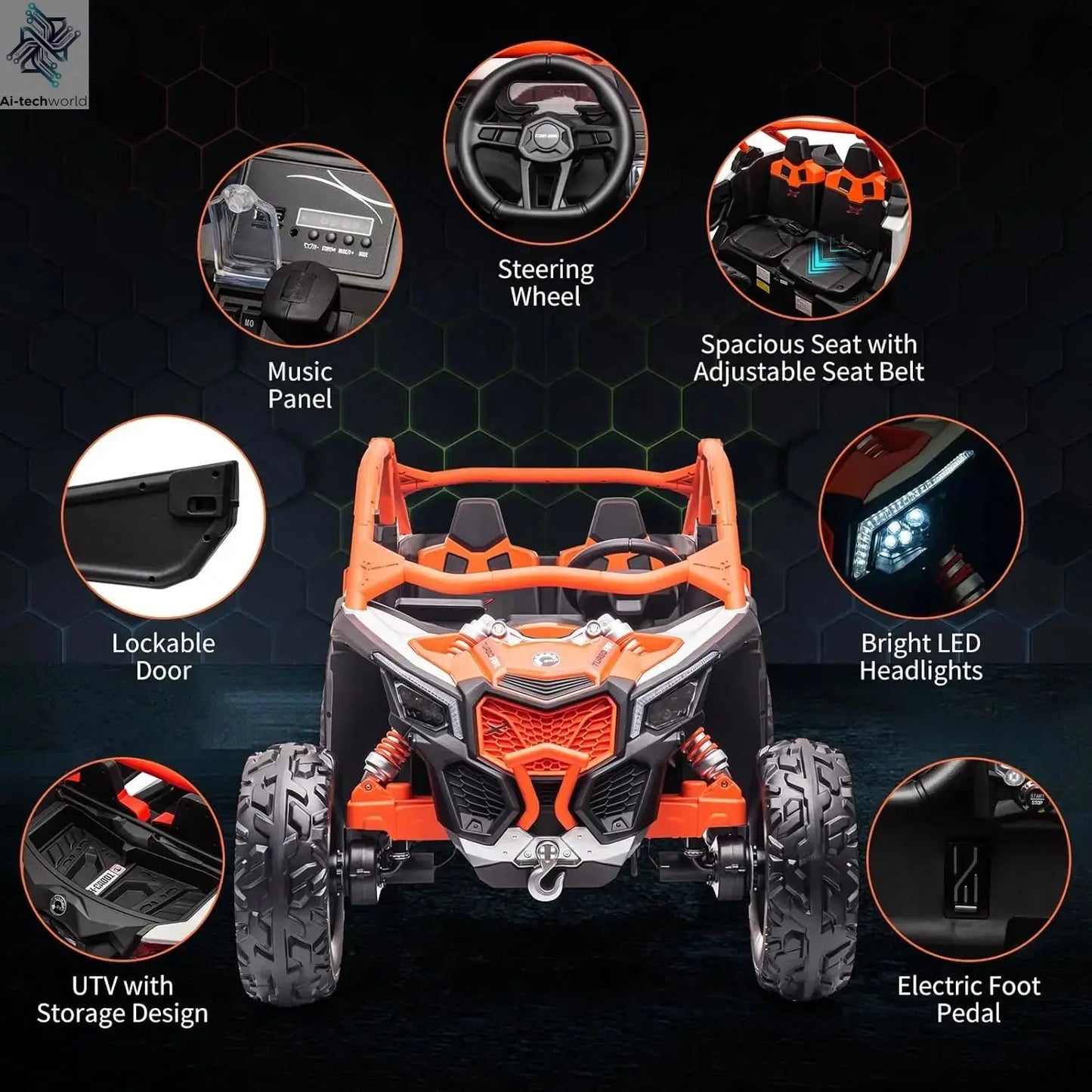 2-Seater Ride-On UTV Car for Kids Electric Off-Road Truck w/Parent Remote Control 2 x 24V Max 130LBS Battery, 4 x 200W Motors Ai-TechWorld 