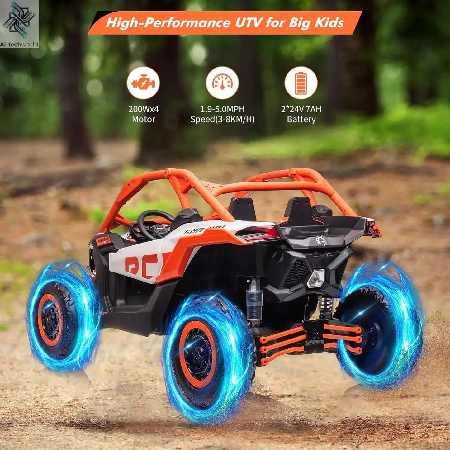 2-Seater Ride-On UTV Car for Kids Electric Off-Road Truck w/Parent Remote Control 2 x 24V Max 130LBS Battery, 4 x 200W Motors Ai-TechWorld 