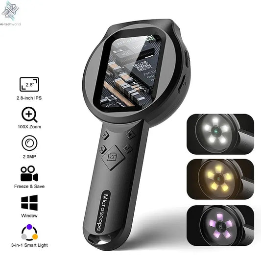 2.8'' IPS Digital Magnifier HD 1080P 100X Portable Microscope Handheld Mignifying Glass for Electronics Repair Check Jewelry Ai-TechWorld 