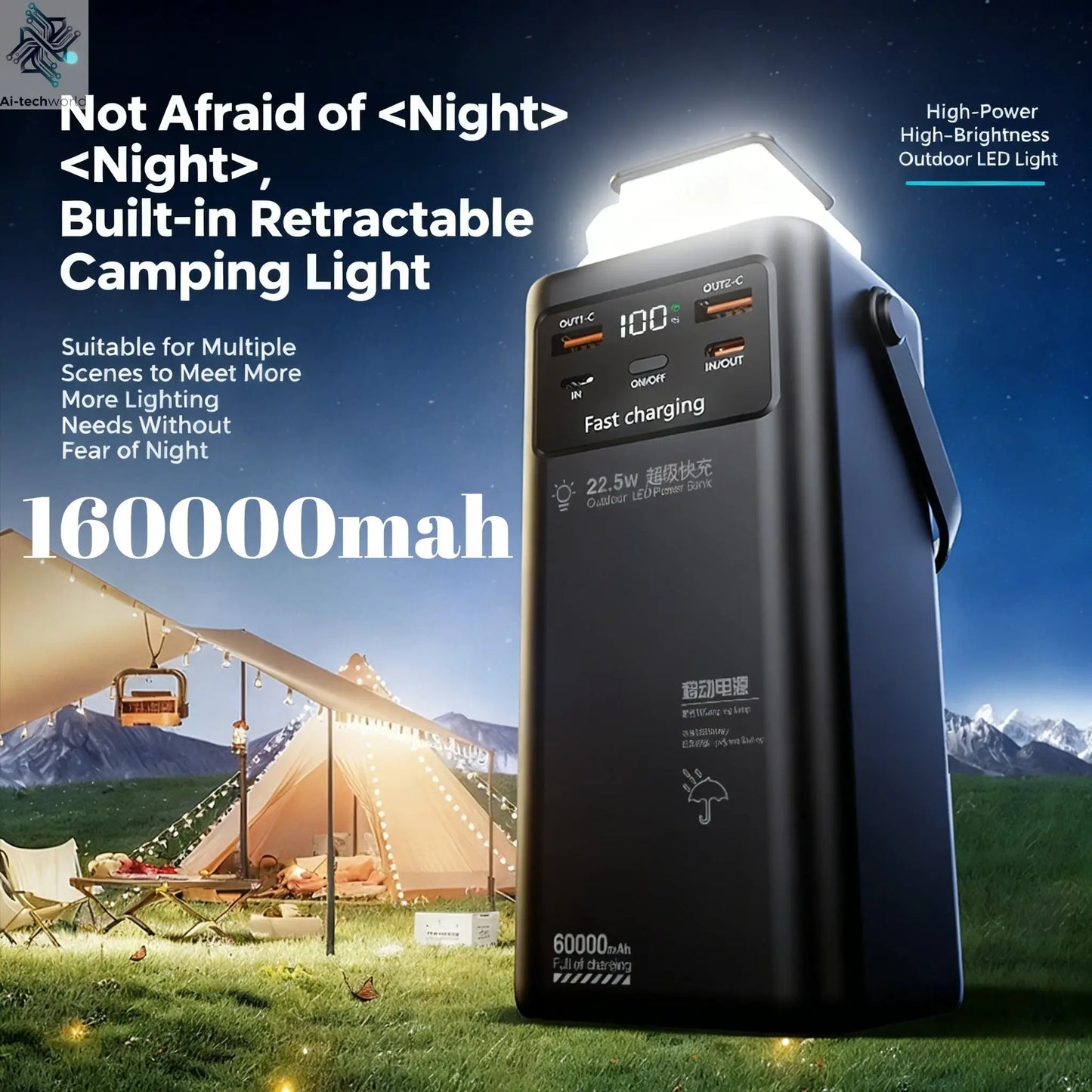 200000mAh Portable Power Station with 120W Super Fast Charging Camping Light Built-in 4 Cables Emergency Power Bank for Outdoor Ai-TechWorld 