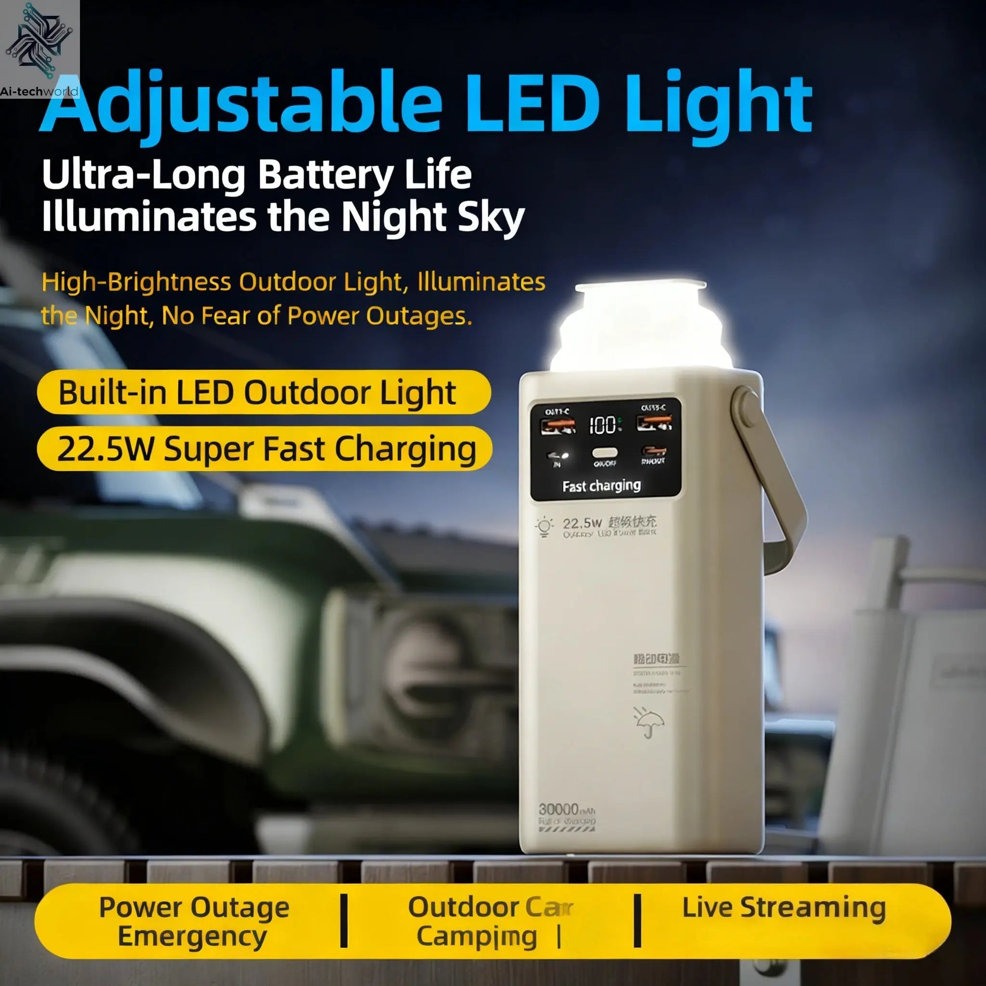 200000mAh Portable Power Station with 120W Super Fast Charging Camping Light Built-in 4 Cables Emergency Power Bank for Outdoor Ai-TechWorld 