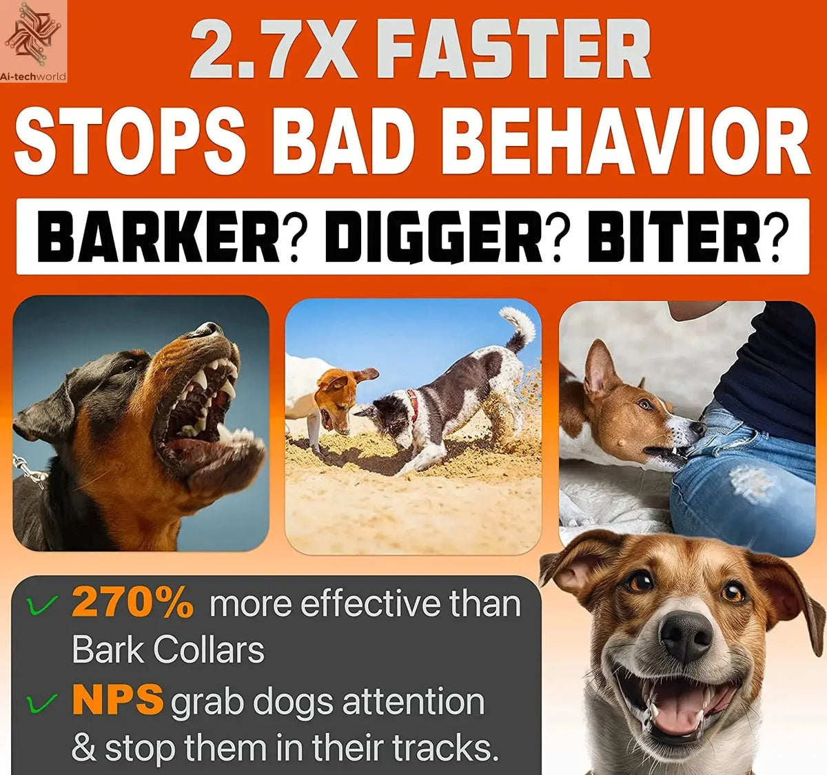 2023 Release Pet Dog Repeller Ultrasonic Dog Training Device Rechargeable Anti Dog Bark Deterrent Device With LED Flashlight Ai-TechWorld 
