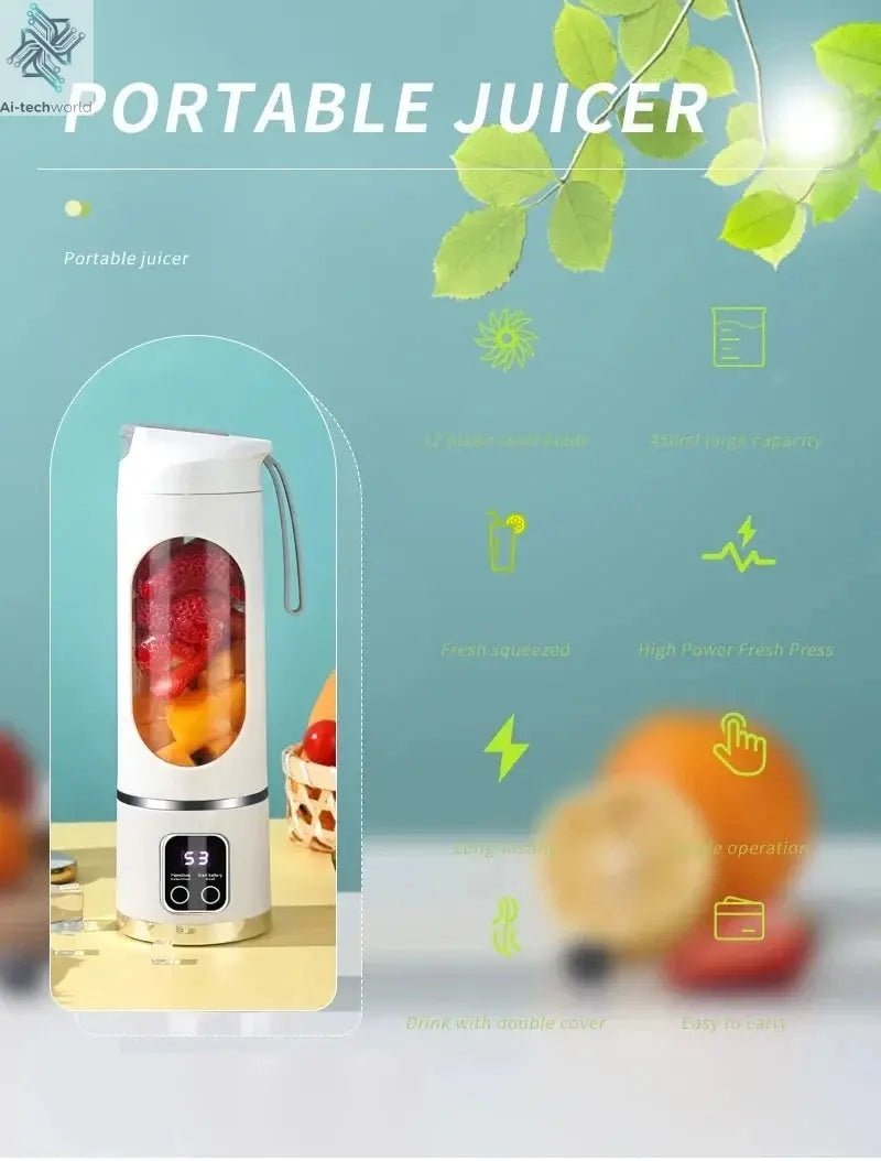 2025 New Household Charging MINI Crushed Ice Electric Juicer Powerful Motor 450ML Large Capacity Digital Display Juice Cup Ai-TechWorld 
