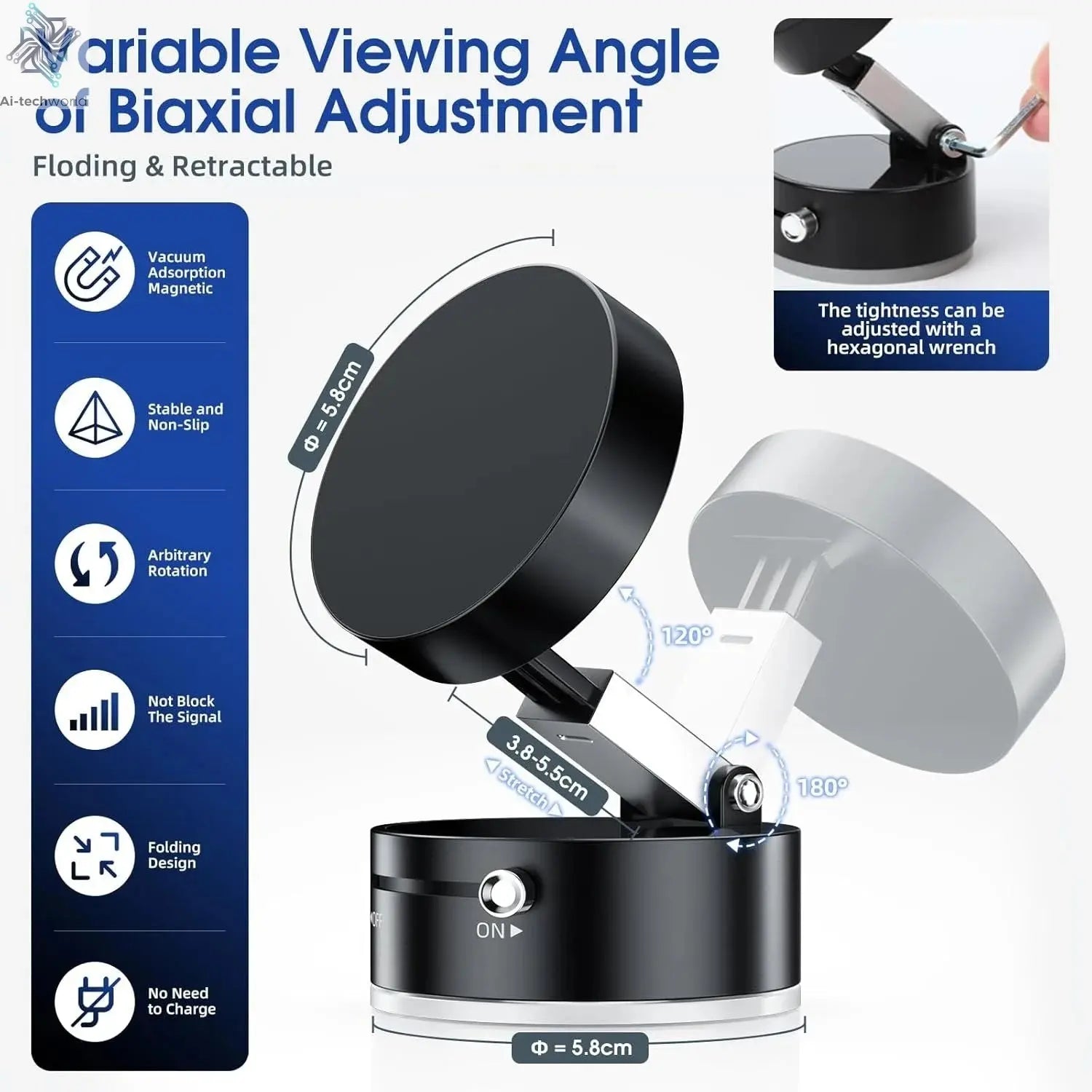 2025 New Model 360-Degree Rotating Aluminum Alloy Magnetic Vacuum Suction Cup Car Phone Holder, Portable New Design Ai-TechWorld