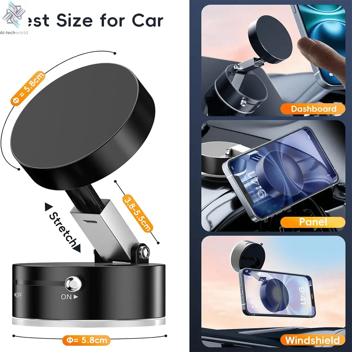 2025 New Model 360-Degree Rotating Aluminum Alloy Magnetic Vacuum Suction Cup Car Phone Holder, Portable New Design Ai-TechWorld