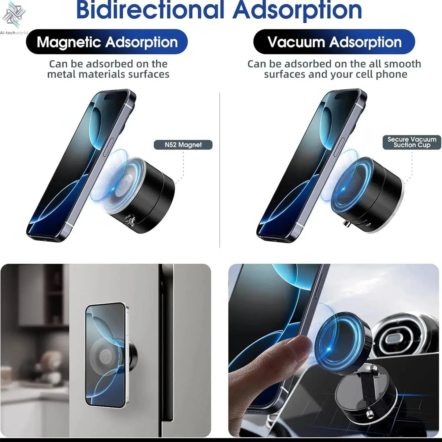 2025 New Model 360-Degree Rotating Aluminum Alloy Magnetic Vacuum Suction Cup Car Phone Holder, Portable New Design Ai-TechWorld