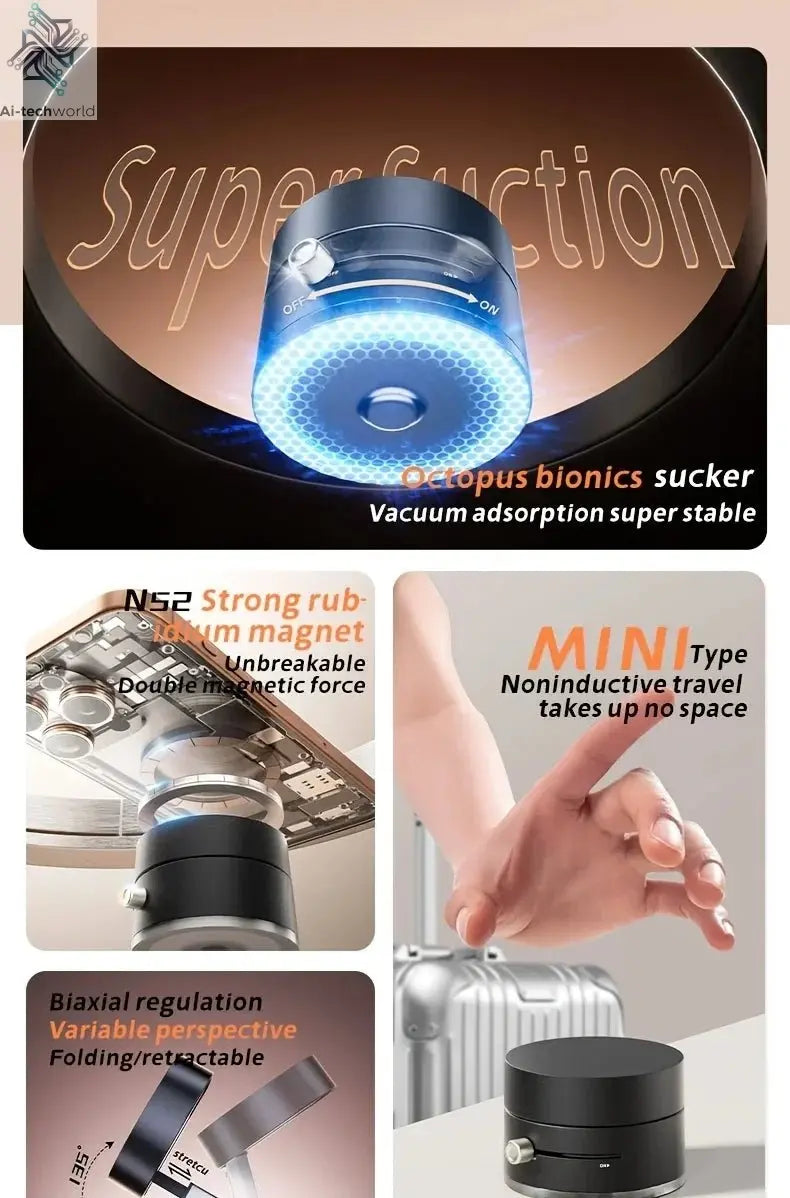 2025 New Model 360-Degree Rotating Aluminum Alloy Magnetic Vacuum Suction Cup Car Phone Holder, Portable New Design Ai-TechWorld