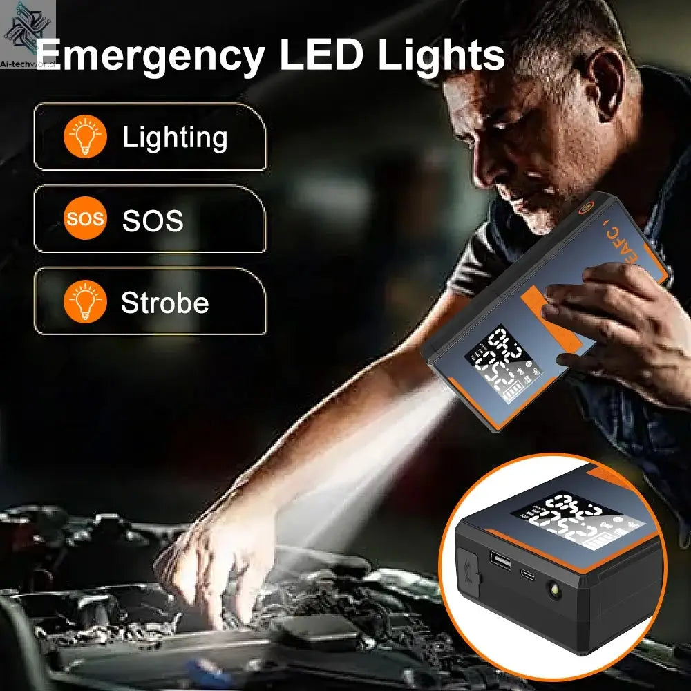 2025 Newest All-in-One Car Emergency Jump Starter & Air Pump 1200A Peak 150PSI Tire Inflator with LED Light & Power Bank Ai-TechWorld 