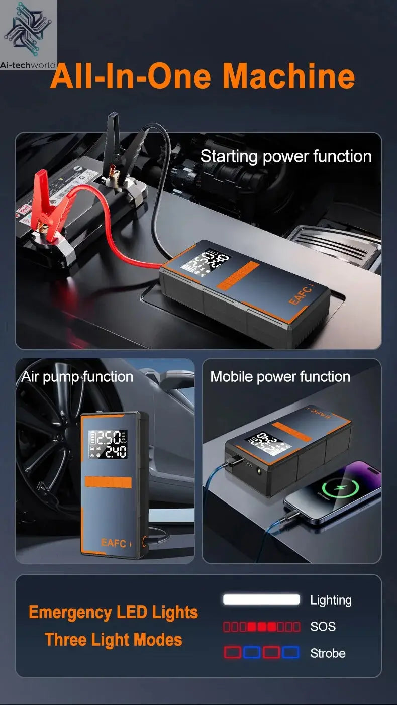 2025 Newest All-in-One Car Emergency Jump Starter & Air Pump 1200A Peak 150PSI Tire Inflator with LED Light & Power Bank Ai-TechWorld 