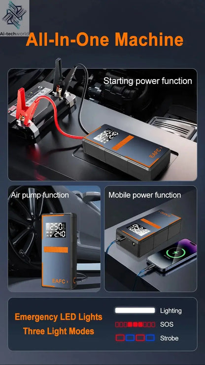 2025 Newest All-in-One Car Emergency Jump Starter & Air Pump 1200A Peak 150PSI Tire Inflator with LED Light & Power Bank Ai-TechWorld 