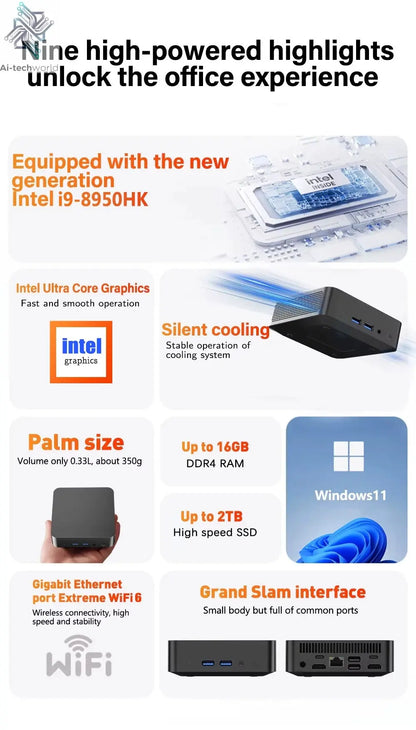 2025 Portable i9 Mini PC Computer Windows 11 Intel Core i9 8950HK 16GB 1TB Gaming Computer Dual-Band WiFi 6-Core Mini Desktop PC Ai-TechWorld 