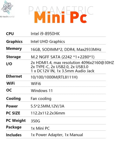 2025 Portable i9 Mini PC Computer Windows 11 Intel Core i9 8950HK 16GB 1TB Gaming Computer Dual-Band WiFi 6-Core Mini Desktop PC Ai-TechWorld 