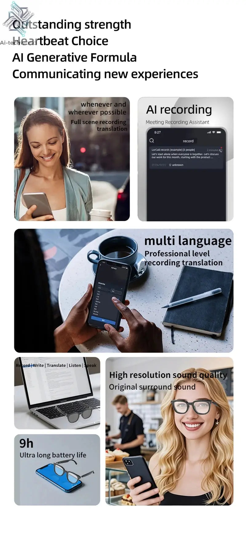 2026 New AI Intelligent Translation Glasses Touchscreen Sunglasses Smart Bluetooth Glasses Listen To Music Voice Call Ai-TechWorld 