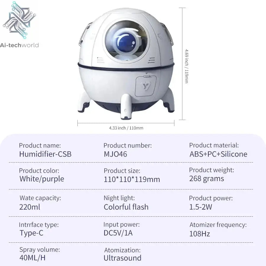 220mL Space Capsule Air Humidifier USB Plug in Rechargeable Mist Aromatherapy Water Diffuser 7 Colors Atmosphere Light Ai-TechWorld 