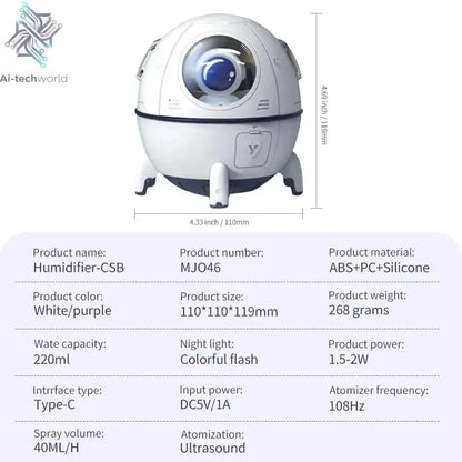 220mL Space Capsule Air Humidifier USB Plug in Rechargeable Mist Aromatherapy Water Diffuser 7 Colors Atmosphere Light Ai-TechWorld 
