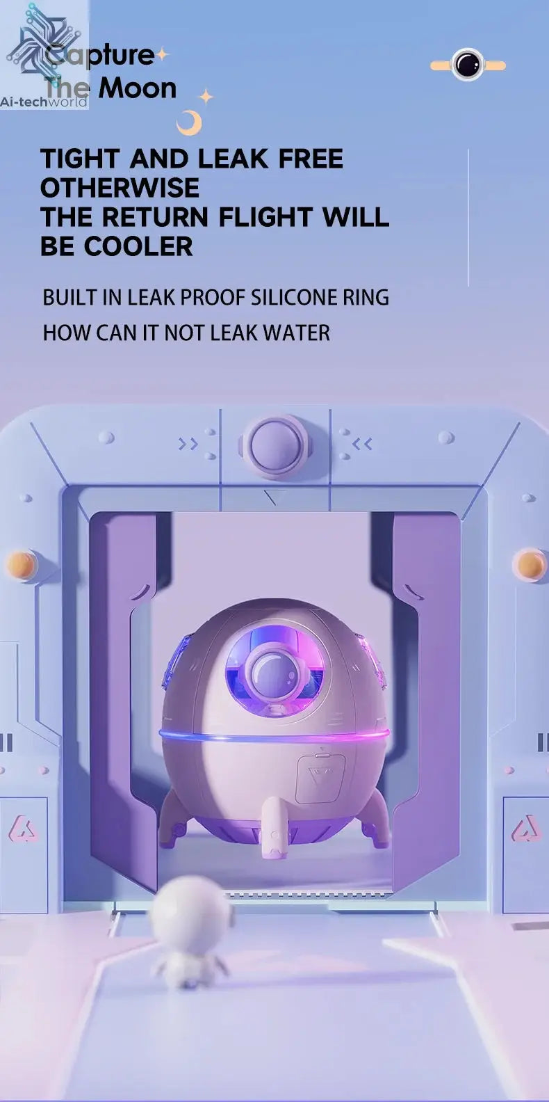 220mL Space Capsule Air Humidifier USB Plug in Rechargeable Mist Aromatherapy Water Diffuser 7 Colors Atmosphere Light Ai-TechWorld 