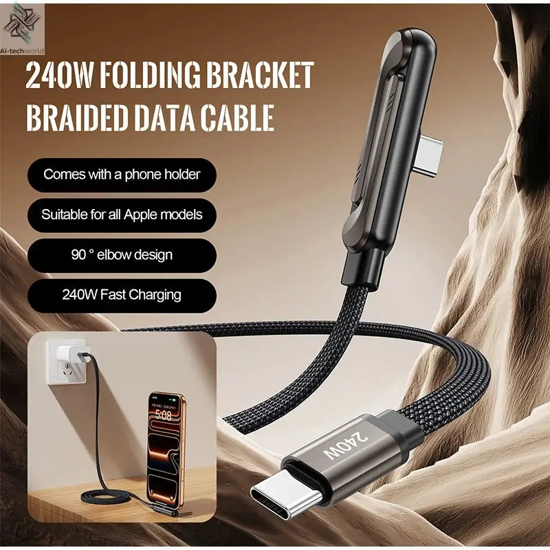 240W 90° Elbow Phone Holder Data Cable Foldable Type C To Type C Fast Charging Cable Data Wire For iPhone 17 Pro Xiaomi Samsung Ai-TechWorld 
