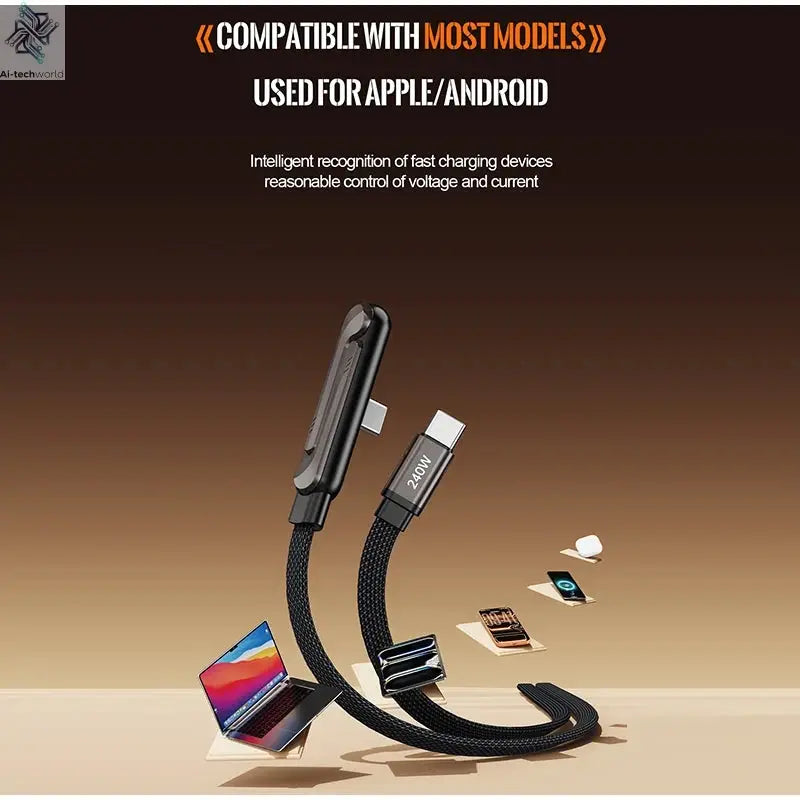 240W 90° Elbow Phone Holder Data Cable Foldable Type C To Type C Fast Charging Cable Data Wire For iPhone 17 Pro Xiaomi Samsung Ai-TechWorld 