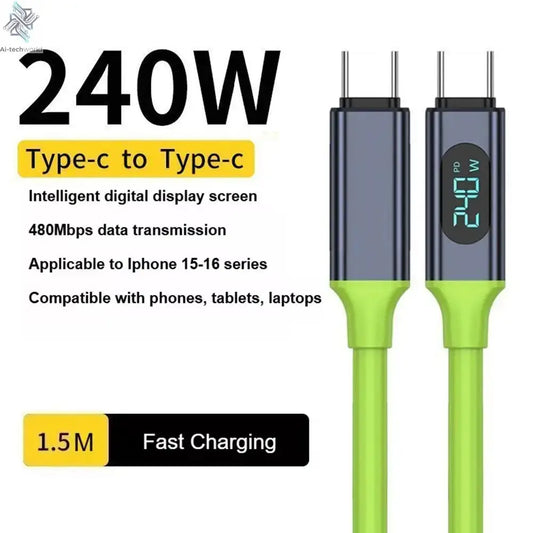 240W Fast Charging USB Type-C to Type-C Cable, Real-Time Power Display High-Power Charger Cord, Universal Fast Charge USB-C - Ai-TechWorld