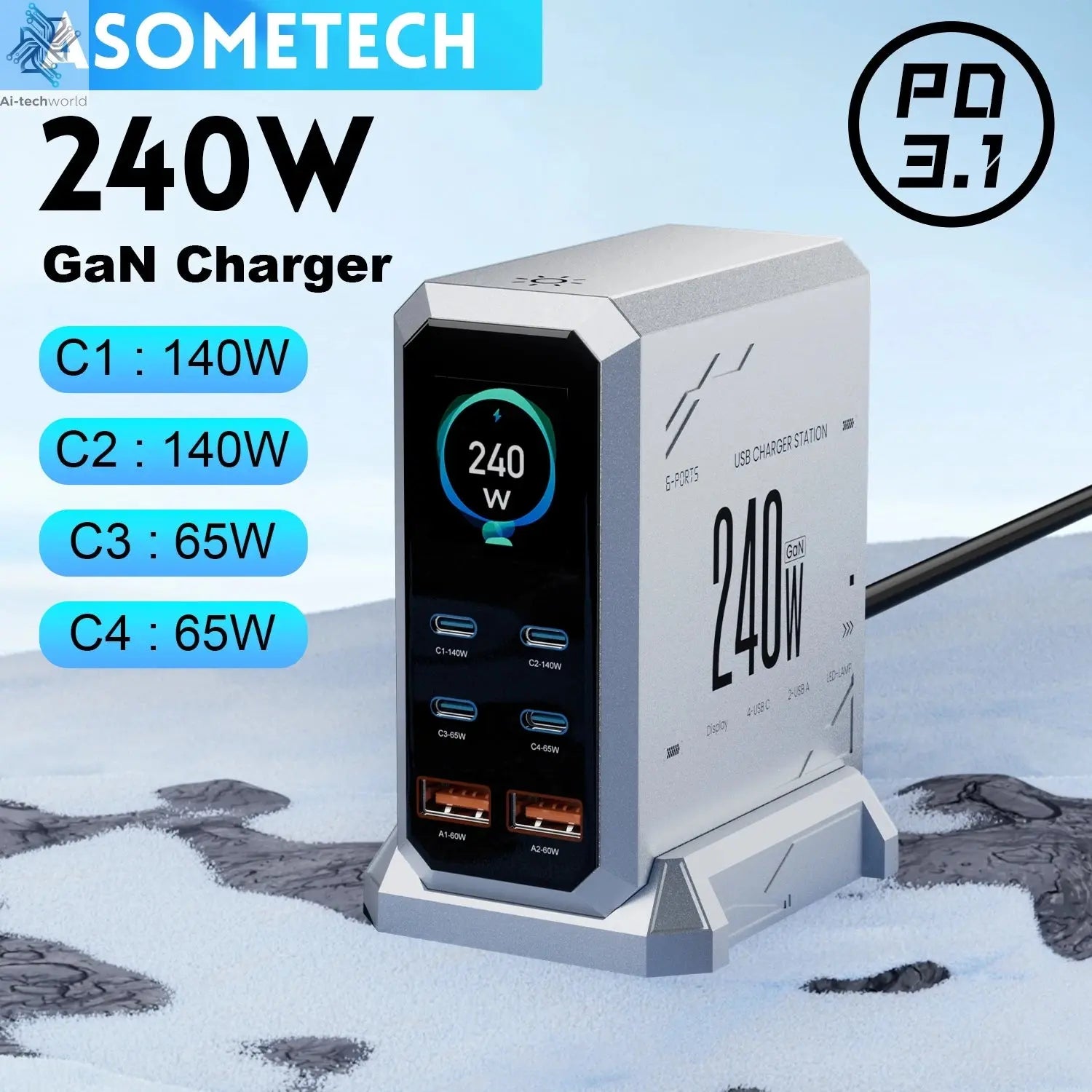 240W GaN Charger 6-IN-1 140W PD3.1 PPS USB Type C Digital Display Fast Charging Station for iPhone 16 15 MacBook Laptops Samsung Ai-TechWorld 