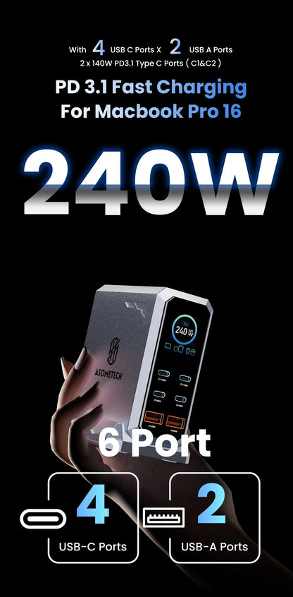 240W GaN Charger 6-IN-1 140W PD3.1 PPS USB Type C Digital Display Fast Charging Station for iPhone 16 15 MacBook Laptops Samsung Ai-TechWorld 