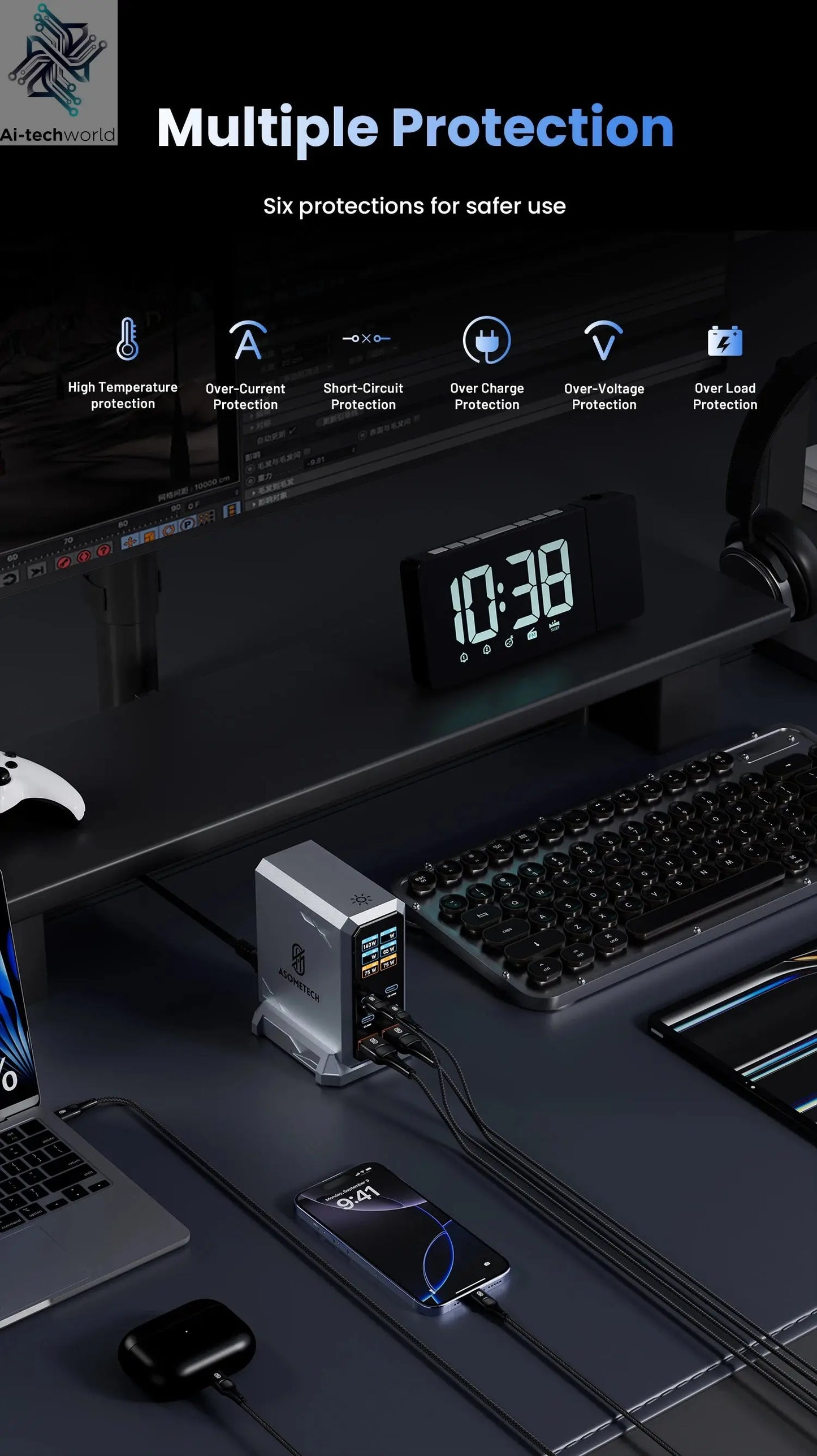 240W GaN Charger 6-IN-1 140W PD3.1 PPS USB Type C Digital Display Fast Charging Station for iPhone 16 15 MacBook Laptops Samsung Ai-TechWorld 