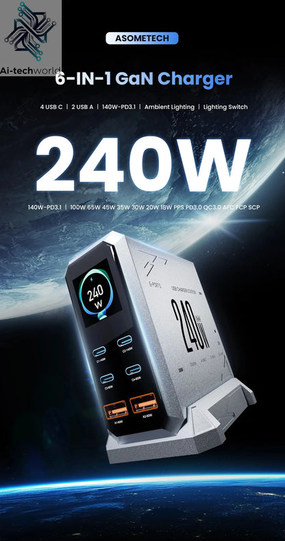 240W GaN Charger PD3.1 140W USB Type C 6 Ports PPS PD Desktop Fast Charging Station for MacBook Laptops Tablet iPhone Samsung Ai-TechWorld 