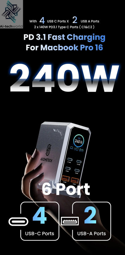 240W GaN Charger PD3.1 140W USB Type C 6 Ports PPS PD Desktop Fast Charging Station for MacBook Laptops Tablet iPhone Samsung Ai-TechWorld 
