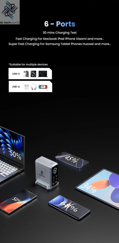 240W GaN Charger PD3.1 140W USB Type C 6 Ports PPS PD Desktop Fast Charging Station for MacBook Laptops Tablet iPhone Samsung Ai-TechWorld 