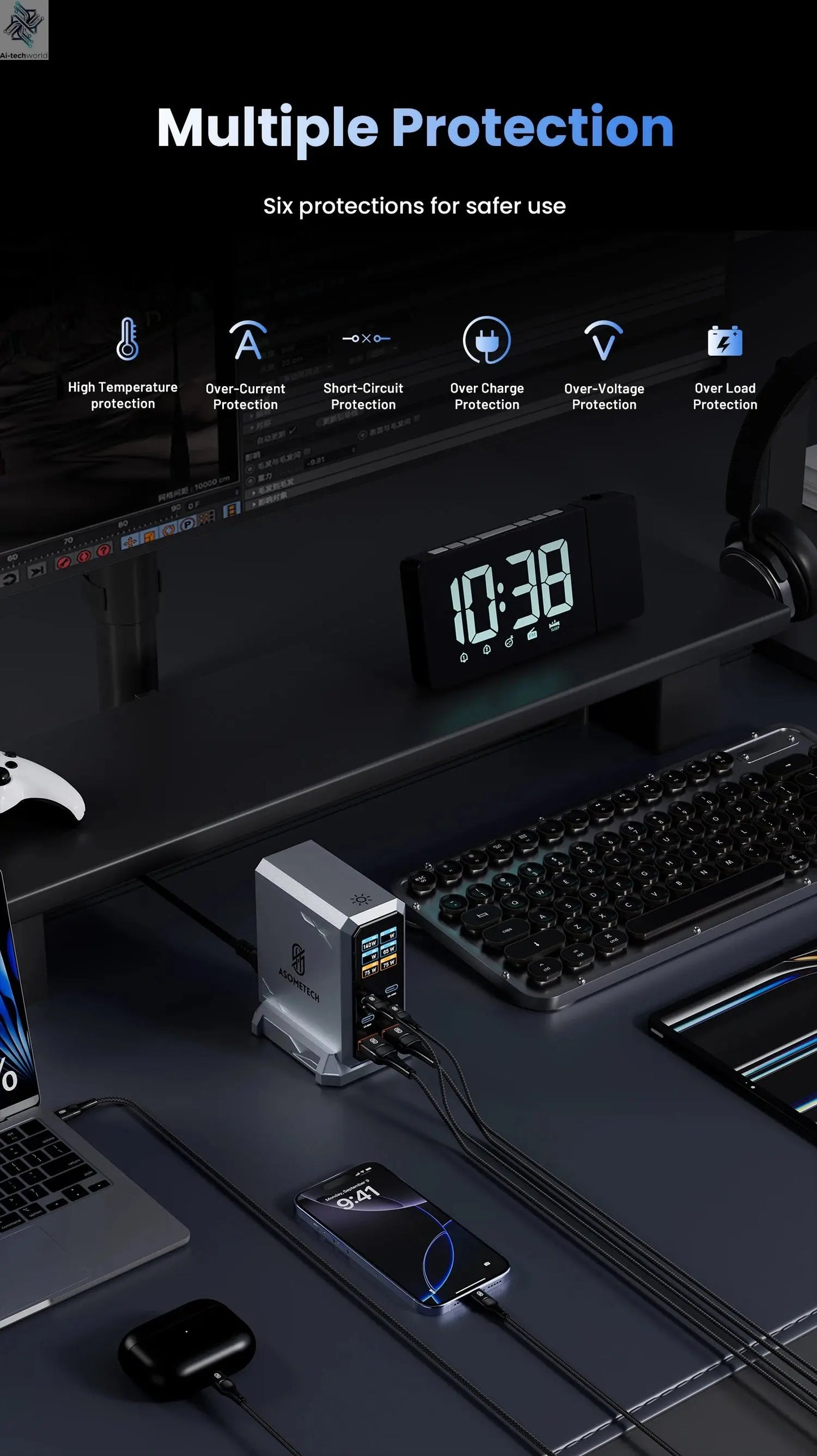 240W GaN Charger PD3.1 140W USB Type C 6 Ports PPS PD Desktop Fast Charging Station for MacBook Laptops Tablet iPhone Samsung Ai-TechWorld 