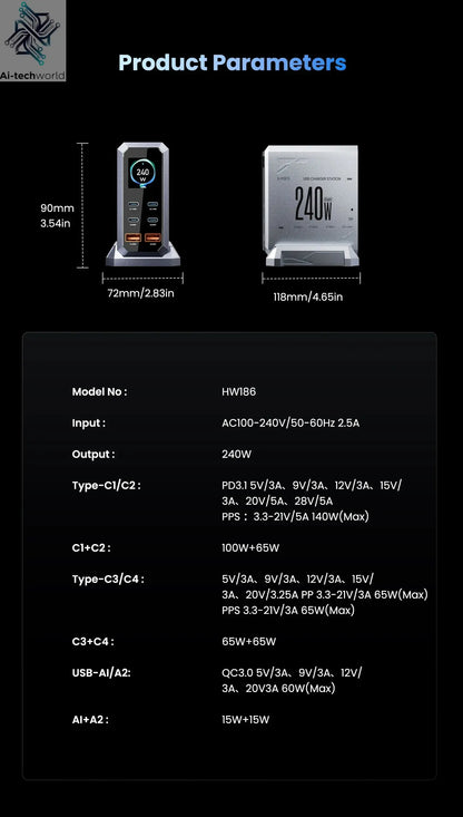 240W GaN Charger PD3.1 140W USB Type C 6 Ports PPS PD Desktop Fast Charging Station for MacBook Laptops Tablet iPhone Samsung Ai-TechWorld 