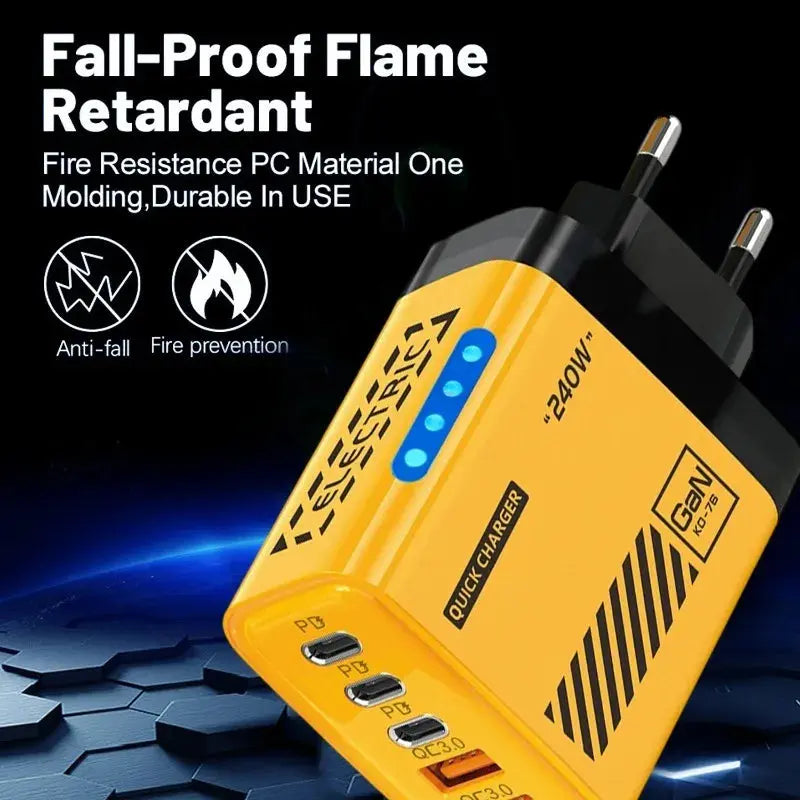 Yellow power adapter with multiple USB ports on a dark background