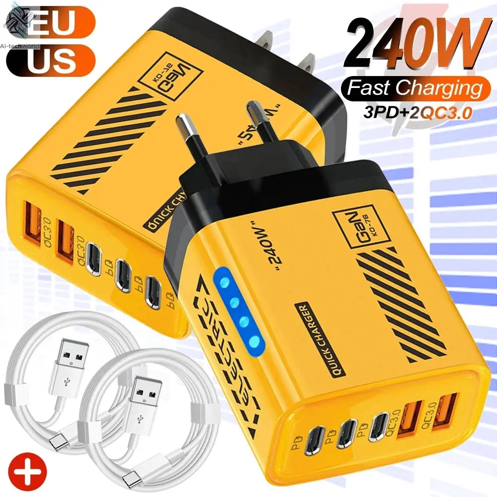240W QC3.0 PD 5 Ports GaN Fast Charger US/EU Plug Phone Charging Head Adapter with LED Light for iPhone Samsung Huawei Xiaomi Ai-TechWorld 