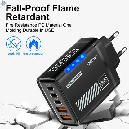 240W QC3.0 PD 5 Ports GaN Fast Charger US/EU Plug Phone Charging Head Adapter with LED Light for iPhone Samsung Huawei Xiaomi Ai-TechWorld 