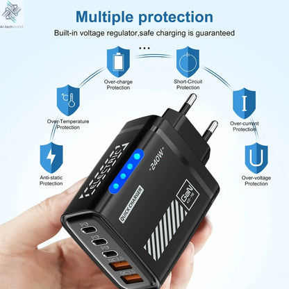 Black charging adapter with multiple protection features held by a hand on a light blue background.