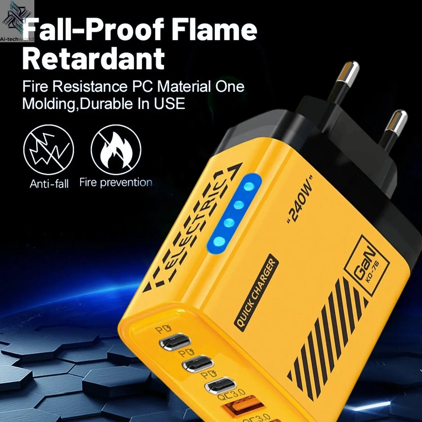 Yellow power adapter with multiple USB ports on a dark background