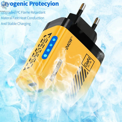 Yellow power adapter with text about cryogenic protection on a blue icy background