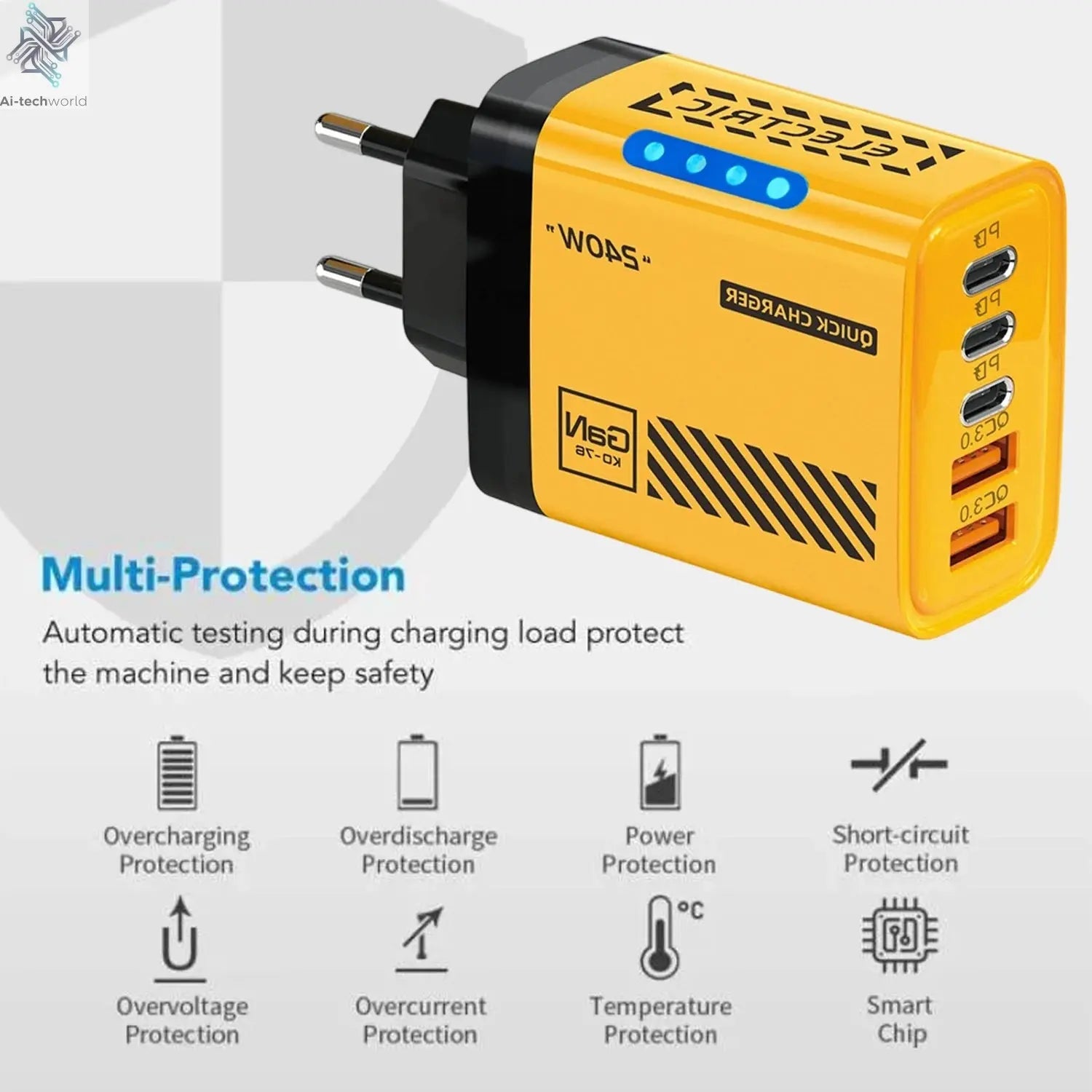 Yellow power adapter with multiple USB ports on a white background