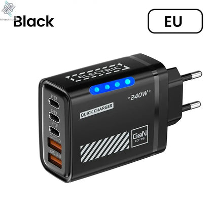 Black quick charger with multiple ports on a white background