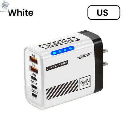 White quick charger with multiple USB ports on a white background
